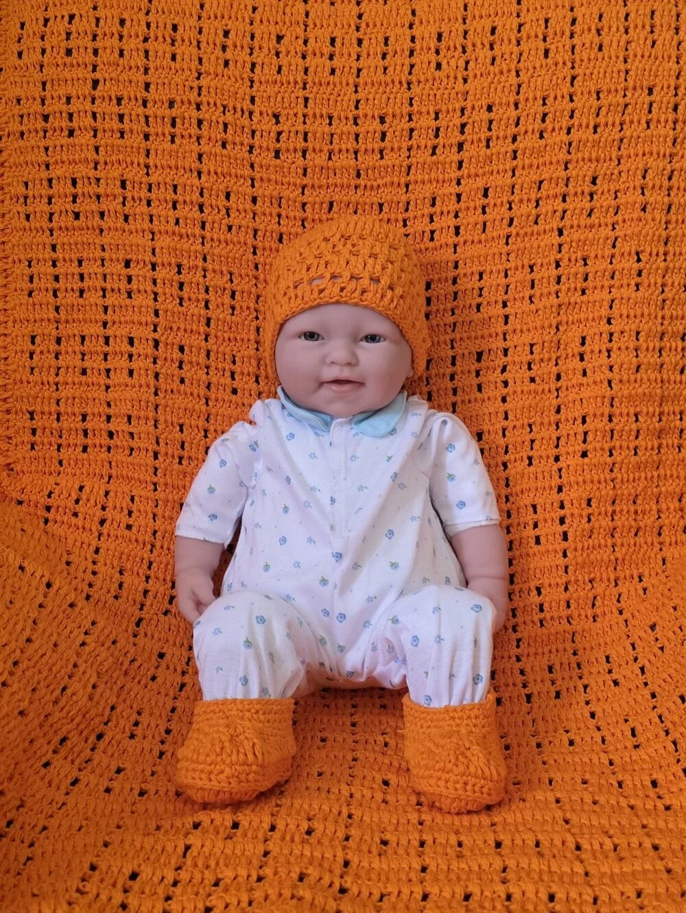 Orange Crochet Hat & Booties Set for Kids One Pieces